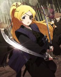 Rule 34 | 10s, 1girl, 2boys, alternate hairstyle, blonde hair, dual wielding, emily stewart, emily stuart, eyepatch, faceless, faceless male, holding, idolmaster, idolmaster million live!, japanese clothes, katana, looking at viewer, multiple boys, official art, ponytail, purple eyes, sword, weapon