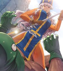 Rule 34 | 1girl, alternate costume, anachronism, axe, battle axe, blue hat, blue tabard, bodysuit, breasts, chiaki rakutarou, cosplay, dragon quest, dragon quest iii, hairband, hat, highres, idolmaster, idolmaster (classic), kandar, large breasts, long hair, open mouth, polearm, priest (dq3), priest (dq3) (cosplay), red eyes, shijou takane, silver hair, solo focus, tabard, weapon