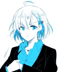 Rule 34 | 1girl, 6 (yuchae), antenna hair, black jacket, blue eyes, blue hair, blue shirt, blue theme, closed mouth, hair between eyes, hair ornament, hairpin, honkai (series), honkai impact 3rd, jacket, jewelry, long sleeves, looking at viewer, monochrome, necklace, polo shirt, seele vollerei, shirt, short hair, simple background, sketch, solo, v-shaped eyebrows, white background
