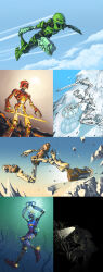 Rule 34 | absurdres, axe, bionicle, blue eyes, cloud, flying, gali (bionicle), glowing, glowing eyes, green eyes, hambonous, highres, holding, holding axe, holding sword, holding weapon, humanoid robot, kanohi (bionicle), kicking, kopaka (bionicle), lava, lewa (bionicle), looking down, mask, onua (bionicle), orange eyes, pohatu (bionicle), robot, sky, sliding, sword, tahu (bionicle), the lego group, underground, weapon, yellow eyes
