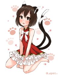 Rule 34 | 1girl, alternate costume, animal ears, bad id, bad twitter id, bare legs, brown eyes, brown hair, cat ears, cat tail, chen, dress, egret, frilled dress, frills, highres, multiple tails, nekomata, open mouth, red dress, short hair, solo, tail, touhou, two tails