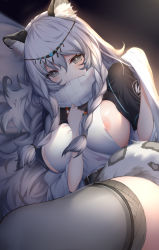 1girl absurdres animal_ear_fluff animal_ears areola_slip arknights arm_between_breasts belt between_breasts black_background braid breasts bright_pupils circlet covered_mouth grabbing grey_eyes grey_thighhighs hair_between_eyes hair_ornament highres jewelry large_breasts leopard_ears leopard_tail long_hair looking_at_viewer lying nakatama_kyou on_side pramanix_(arknights) shirt short_sleeves silver_hair simple_background solo tail thighhighs thighs turtleneck twin_braids very_long_hair white_pupils