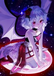 Rule 34 | 1girl, absurdres, alternate costume, alternate headwear, bat wings, bow, carbonara hontyotyo, choker, dress, fangs, floral print, flower, full body, gem, gradient background, hair bow, high heels, highres, kneeling, layered dress, looking at viewer, open mouth, red eyes, remilia scarlet, rose, short hair, slit pupils, solo, strapless, strapless dress, thighhighs, touhou, white thighhighs, wings, zettai ryouiki