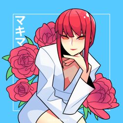 Rule 34 | 1girl, absurdres, blue background, chainsaw man, dress, elbow rest, flower, hand rest, highres, looking at viewer, makima (chainsaw man), medium hair, red flower, red hair, red rose, ringed eyes, rose, sidelocks, simple background, solo, timtam, white dress, yellow eyes