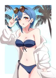 Rule 34 | 1girl, bikini, blue bikini, blue hair, breasts, cleavage, coat, collarbone, earrings, eyewear on head, hair between eyes, highres, jewelry, large breasts, looking at viewer, love live!, love live! superstar!!, navel, open clothes, open coat, open mouth, palm tree, red eyes, short hair, solo, standing, stomach, strapless, strapless bikini, stud earrings, sunglasses, swimsuit, tree, v, wakana shiki, white coat, yunite68
