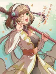 Rule 34 | 1girl, bob cut, bow, breasts, brown bow, brown hair, ch1emon i, choker, detached collar, flower, flower ornament, green background, green eyes, hair flower, hair ornament, hairband, highres, leia rolando, medium breasts, one eye closed, open mouth, short hair, smile, solo, tales of (series), tales of xillia, v