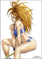 Rule 34 | 1girl, bandaid, bandaid on face, bare arms, bare shoulders, baton, blue eyes, breasts, buruma, captain mizuki, colorized, large breasts, long hair, medal, murata yuusuke, muscular, muscular female, one-punch man, open mouth, orange hair, ponytail, simple background, sitting, smile, solo, sports bra, white background