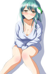 Rule 34 | 1girl, body blush, bottomless, breasts, cleavage, collarbone, covered erect nipples, deego (omochi bazooka), female focus, frog hair ornament, green hair, hair ornament, highres, kochiya sanae, large breasts, long hair, looking at viewer, naked sweater, no pants, ribbed sweater, simple background, smile, snake hair ornament, solo, sweater, touhou, white background, yellow eyes