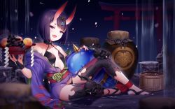 Rule 34 | 1girl, :d, artist name, bare shoulders, barefoot sandals (jewelry), breasts, bridal gauntlets, collarbone, commentary request, cup, fang, fate/grand order, fate (series), food, fruit, gourd, grapes, hands up, head tilt, headpiece, holding, holding cup, horns, japanese clothes, kimono, knee up, long sleeves, looking at viewer, off shoulder, oni, open clothes, open kimono, open mouth, petals, purple eyes, purple hair, purple kimono, revealing clothes, rimuu, sakazuki, short eyebrows, short hair, shuten douji (fate), skin-covered horns, small breasts, smile, solo, thick eyebrows, torii, water, waterfall, watermark, web address, wide sleeves