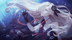 Rule 34 | 1girl, air bubble, black dress, black gloves, blonde hair, blue eyes, bubble, copyright request, dress, fingerless gloves, floating hair, gloves, hair over shoulder, hand up, highres, kaoming, long hair, looking up, one eye covered, parted lips, solo, spaghetti strap, underwater, virtual youtuber