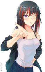 Rule 34 | 1girl, ;o, aome no madoushi, black hair, blush, breasts, denim, hood, hoodie, jeans, kanden sky, long hair, looking at viewer, medium breasts, multicolored hair, one eye closed, open clothes, open hoodie, pants, pointing, pointing at viewer, purple eyes, red hair, sidelocks, solo, spaghetti strap, strapless, streaked hair, tube top, twitter username, upper body
