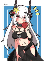 1girl absurdres apple arknights artist_name bare_shoulders bikini black_bikini black_horns black_sarong blue_background blush_stickers border breasts cleavage commentary_request cowboy_shot elf flower food fruit hair_flower hair_ornament hendra highres holding holding_food holding_fruit horns infection_monitor_(arknights) jewelry large_breasts long_hair looking_at_viewer material_growth mudrock_(arknights) mudrock_(silent_night)_(arknights) navel necklace official_alternate_costume oripathy_lesion_(arknights) pointy_ears red_eyes sarong solo stomach swimsuit white_border white_hair