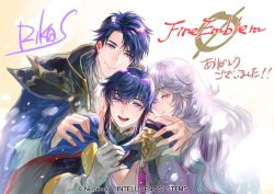 Rule 34 | 1girl, 2boys, blue eyes, blue hair, closed mouth, company name, copyright name, deirdre (fire emblem), father and son, fire emblem, fire emblem: genealogy of the holy war, fire emblem cipher, gloves, husband and wife, long hair, long sleeves, mother and son, multiple boys, nintendo, official art, open mouth, purple hair, seliph (fire emblem), short hair, sigurd (fire emblem), smile, suzuki rika, white gloves