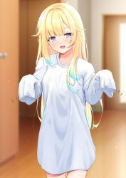 Rule 34 | 1girl, aizawa ema, amaner, blonde hair, blue eyes, blurry, blurry background, highres, indoors, long hair, open mouth, sleeves past fingers, sleeves past wrists, smile, solo, virtual youtuber, vspo!