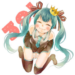 Rule 34 | 1girl, 39, :3, ahoge, bad id, bad pixiv id, blush, boots, closed eyes, crown, detached sleeves, green hair, hair ribbon, hatsune miku, long hair, necktie, nemutagari, ribbon, simple background, sitting, skirt, solo, thigh boots, thighhighs, twintails, very long hair, vocaloid, wariza, white background