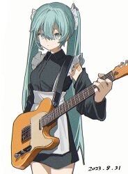 Rule 34 | 1girl, alternate costume, apron, aqua eyes, aqua hair, arm tattoo, black dress, commentary, dated, detached sleeves, double-parted bangs, dress, electric guitar, enmaided, expressionless, frills, guitar, hair between eyes, hatsune miku, holding, holding instrument, instrument, long hair, maid, maid apron, solo, standing, tattoo, twintails, very long hair, vocaloid, waist apron, white apron, zumochi