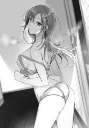 Rule 34 | 1girl, blurry, blurry background, breasts, copyright request, dimples of venus, floating hair, from side, greyscale, hair between eyes, hair ornament, highres, indoors, kakao (chocolate land), long hair, looking at viewer, medium breasts, monochrome, noraneko kanojo o ezukeshitai, novel illustration, off shoulder, official art, sideboob, solo, underwear, underwear only, wooden floor
