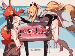 Rule 34 | 2futa, animal ears, animal penis, arknights, armor, artificial vagina, bent over, blemishine (arknights), blonde hair, blush, breasts, breeding mount, cape, censored, cross-eyed, cum, cum on body, cum on breasts, cum on clothes, cum on legs, cum on penis, cum on upper body, erection, excessive cum, flaccid, flametail (arknights), fur-trimmed cape, fur trim, futa with futa, futanari, gigantic penis, highres, horse ears, horse girl, horse penis, horse tail, large penis, long hair, long sleeves, medium breasts, mirin chikuwa, multiple girls, multiple penises, nipple stimulation, nipple tweak, nipples, open mouth, penis, penis size difference, red hair, sex toy, shared artificial vagina, squirrel ears, squirrel girl, squirrel tail, standing, tail, testicles, x-ray, yellow eyes