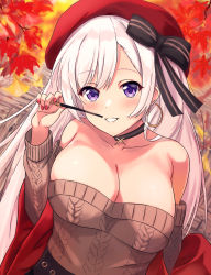 Rule 34 | 1girl, aran sweater, autumn leaves, azur lane, belfast (azur lane), belfast (shopping with the head maid) (azur lane), black skirt, brown sweater, cable knit, choker, dut, earrings, food, highres, holding, holding food, holding pocky, hoop earrings, itaba atsushi, jewelry, long hair, looking at viewer, nail polish, off-shoulder sweater, off shoulder, official alternate costume, outdoors, pocky, purple eyes, red headwear, red shawl, shawl, simple background, skirt, solo, sweater, white background, white hair