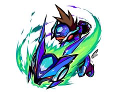 Rule 34 | 1boy, 2018, angry, brown hair, capcom, charging, commentary, dated, energy, fire, geo stelar (mega man), green fire, male focus, mega man (series), mega man star force, open mouth, red eyes, serious, signature, simple background, spiked hair, tomycase, omega-xis (mega man), white background