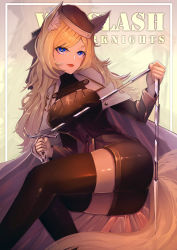 Rule 34 | 1girl, absurdres, animal ear fluff, animal ears, arknights, bielin, black headwear, black thighhighs, blonde hair, breasts, cape, character name, commentary, copyright name, fangs, feet out of frame, highres, holding, holding weapon, horse girl, long hair, long sleeves, medium breasts, purple eyes, solo, tail, thighhighs, thighs, weapon, whislash (arknights)