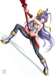 Rule 34 | 1girl, antenna hair, armpit peek, backless outfit, bare shoulders, black pants, blazblue, blazblue: central fiction, blazblue variable heart, blue hair, bow, breasts, dutch angle, fighting stance, full body, genderswap, genderswap (mtf), groin, hair between eyes, hair bow, halterneck, halterneck, holding, holding weapon, large breasts, long hair, looking away, lowleg, lowleg pants, mai natsume, navel, niitsu riu, no panties, open mouth, outseal, pants, pink eyes, ponytail, revealing clothes, sideboob, solo, very long hair, weapon, yellow bow