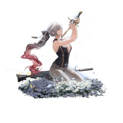 Rule 34 | 1girl, aqua eyes, belt, black belt, black vest, boots, braid, breasts, chamomile, closed mouth, drill hair, drill ponytail, earrings, field, flower, flower field, french braid, full body, general-purpose machine gun, general dynamics, girls&#039; frontline, grey hair, grey pants, gun, hair ribbon, happy valentine, holding, holding sword, holding weapon, jewelry, knee boots, lightweight medium machine gun, lonestar future weapons, long hair, looking up, lwmmg (girls&#039; frontline), lwmmg (knight and protector) (girls&#039; frontline), machine gun, medium breasts, multicolored hair, official alternate costume, official art, on floor, on flower, pants, prototype design, rff (3 percent), ribbon, seiza, sideboob, simple background, sitting, solo, suppressor, sword, torn clothes, torn pants, transparent background, true velocity, valentine, vest, weapon