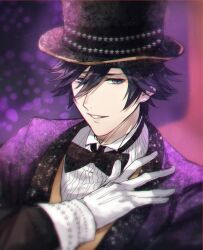 Rule 34 | 1boy, black bow, black bowtie, black hat, blue eyes, blurry, bokeh, bow, bowtie, depth of field, dress shirt, gloves, grin, hair between eyes, hand on own chest, hat, highres, ichinose tokiya, jacket, lapels, looking at viewer, male focus, official alternate costume, parted lips, purple background, purple hair, purple jacket, shawl lapels, shirt, short hair, sideways glance, sleeve cuffs, smile, solo, star (symbol), star print, top hat, upper body, uta no prince-sama, vest, white gloves, white shirt, yellow vest, zaichuu