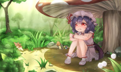 Rule 34 | 1girl, ankle socks, arm rest, bat wings, crossed arms, crying, crying with eyes open, flower, frown, grass, hat, hat ribbon, highres, knees up, light purple hair, light rays, mob cap, mushroom, outdoors, oversized object, parted lips, qys3, red eyes, remilia scarlet, ribbon, runny nose, sad, shade, shoes, short hair, sitting, skirt, skirt set, snot, socks, solo, streaming tears, sunbeam, sunlight, tears, touhou, tree, wings, wrist cuffs