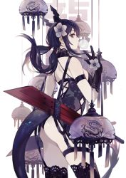 Rule 34 | 1girl, arknights, arm strap, ass, bad id, bad pixiv id, bare shoulders, black gloves, black legwear, breasts, brown eyes, ch&#039;en (arknights), cowboy shot, elbow gloves, floral print, flower, garter straps, gloves, hair flower, hair ornament, horns, lingerie, long hair, looking at viewer, looking to the side, low twintails, medium breasts, print leotard, profile, purple hair, rose print, saika ryougi, sidelocks, sideways glance, simple background, solo, sword, tail, thigh strap, thighs, twintails, underwear, v, weapon, white background, white flower, wind chime