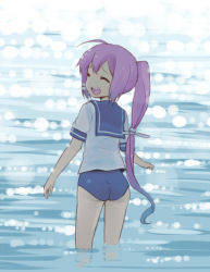 Rule 34 | 10s, 1girl, closed eyes, i-168 (kancolle), kantai collection, long hair, looking back, nagian, open mouth, ponytail, red hair, school swimsuit, school uniform, serafuku, smile, swimsuit, swimsuit under clothes, wading, water
