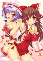 Rule 34 | 2girls, ascot, bare shoulders, blush, bow, breasts, detached sleeves, covered erect nipples, female focus, frills, hair bow, hakurei reimu, hat, himukai kyousuke, impossible clothes, medium breasts, multiple girls, navel, one eye closed, open mouth, purple hair, red eyes, remilia scarlet, sideboob, small breasts, smile, touhou, wink, wrestling outfit