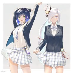 Rule 34 | 2girls, absurdres, alternate costume, aqua nails, arm behind back, arms up, artist name, black hair, black jacket, blazer, blue bow, blue bowtie, blue eyes, blue hair, blue necktie, blue skirt, border, bow, bowtie, braid, breasts, bright pupils, buttons, closed mouth, collared shirt, commentary request, cowboy shot, diagonal bangs, dress shirt, earclip, earrings, expressionless, eyelashes, eyes visible through hair, fingernails, fujito (call f ), genshin impact, gradient eyes, gradient hair, green eyes, grey background, hair ornament, hair over one eye, highres, jacket, jewelry, lapels, large breasts, long hair, long sleeves, looking at viewer, multicolored eyes, multicolored hair, multiple girls, nail polish, necktie, open clothes, open jacket, open mouth, outside border, parted bangs, plaid, plaid bow, plaid bowtie, plaid necktie, plaid skirt, pleated skirt, purple eyes, red ribbon, ribbon, school uniform, shenhe (genshin impact), shirt, shirt tucked in, short hair, sidelocks, simple background, single braid, skirt, skirt hold, smile, standing, swept bangs, tassel, teeth, twitter username, vision (genshin impact), white border, white pupils, white shirt, wing collar, yelan (genshin impact)
