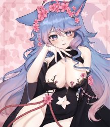 Rule 34 | animal ears, black kimono, black sleeves, blue eyes, blue hair, blue nails, blush, breasts, cherry blossom print, cherry blossoms, cleavage, cleavage cutout, clothing cutout, commentary, detached sleeves, english commentary, floral print, flower, hair flower, hair ornament, highres, hip vent, japanese clothes, kimono, large breasts, long hair, looking at viewer, nail polish, navel, navel cutout, pink hair, silvervale, silvervale (sakura goddess), sky above me, virtual youtuber, vshojo, wolf ears, wolf girl