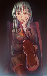 Rule 34 | 10s, 1girl, aqua hair, ascot, black thighhighs, blouse, breast hold, breasts, feet, foot focus, foreshortening, hair ornament, hairclip, hand to own mouth, highres, kantai collection, leg lift, long hair, looking at viewer, parted lips, pleated skirt, school uniform, shiba nanasei, shirt, sitting, skirt, smile, solo, suzuya (kancolle), thighhighs, thighs, white shirt