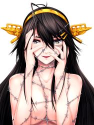 Rule 34 | 1girl, absurdres, barbed wire, barcode, barcode tattoo, black hair, blush, bound, breasts, cleavage, collarbone, commentary, grey eyes, hair between eyes, hair ornament, hairband, hairclip, haruna (kancolle), headgear, highres, huge filesize, jewelry, junk life, kantai collection, large breasts, long hair, looking at viewer, nude, open mouth, power symbol, ring, simple background, smile, solo, swept bangs, symbol-shaped pupils, tattoo, upper body, very long hair, wedding ring, white background
