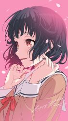 Rule 34 | 1girl, absurdres, bang dream!, black hair, brown eyes, brown shirt, character name, commentary, dated, falling petals, from side, hanasakigawa school uniform, hands up, happy birthday, highres, light blush, long sleeves, looking away, neck ribbon, nobusawa osamu, parted lips, petals, pink background, red ribbon, ribbon, sailor collar, school uniform, serafuku, shirt, short hair, simple background, smile, solo, upper body, ushigome rimi, white sailor collar