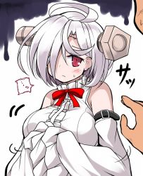 Rule 34 | ..., 1boy, 1girl, ahoge, azur lane, bolt, bow, bowtie, breasts, commander (azur lane), commentary request, detached sleeves, hair over one eye, large breasts, out of frame, red eyes, short hair, sleeves past wrists, sweat, terror (azur lane), tsuzuri (tuzuri), white hair, wide sleeves
