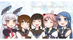 Rule 34 | animal, animal on head, anniversary, black gloves, black sailor collar, blue hairband, blue neckerchief, blue sailor collar, blunt bangs, brown hair, commentary request, elbow gloves, facing viewer, floating headgear, folded ponytail, fubuki (kancolle), fubuki kai ni (kancolle), fuzino, gloves, hair bobbles, hair ornament, hair ribbon, hairband, headgear, highres, inazuma (kancolle), kantai collection, long hair, murakumo (kancolle), murakumo kai ni (kancolle), neckerchief, necktie, on head, one eye closed, pink eyes, pink hair, rabbit, rabbit on head, red neckerchief, red necktie, ribbon, sailor collar, samidare (kancolle), sazanami (kancolle), sazanami kai (kancolle), school uniform, serafuku, shirt, short eyebrows, short hair, sleeveless, sleeveless shirt, tress ribbon, twintails, upper body, white hair, yellow eyes