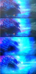 Rule 34 | abs, aura, blue eyes, dinosaur, electricity, energy, energy barrier, energy beam, energy field, forest, giant, giant monster, glowing, godzilla, godzilla: planet of the monsters, godzilla (series), godzilla filius, highres, kaijuu, lightning, monster, muscular, nature, no humans, official art, polygon pictures, spikes, toho, tree