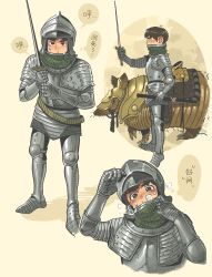 Rule 34 | 1boy, animal, animal request, armor, armored boots, barding, black hair, blue eyes, blush, boots, breath, chainmail, chest guard, chilchuck tims, commentary, dungeon meshi, english commentary, faulds, full armor, gauntlets, gorget, greaves, green scarf, halfling, hand up, hands up, helmet, holding, holding sheath, holding sword, holding weapon, hot, looking at viewer, ltt12028136, male focus, mask lift, mixed-language commentary, multiple views, pauldrons, plate armor, profile, reins, saddle, scarf, sheath, short hair, shoulder armor, simple background, standing, sweat, sword, unsheathed, weapon, yellow background