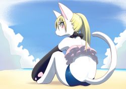 Rule 34 | 1girl, blonde hair, blue eyes, bra, cat, collar, furry, furry female, looking at another, short hair, short pants, solo, underwear, uno usaya