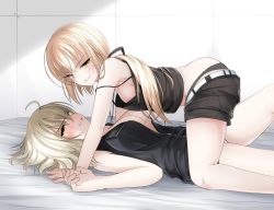 Rule 34 | &gt;:), 2girls, ahoge, all fours, armpits, artoria pendragon (all), artoria pendragon (fate), bare arms, bare shoulders, belt, black dress, black ribbon, blonde hair, blush, breasts, camisole, center opening, cleavage, clenched teeth, dress, fate/grand order, fate (series), female focus, from side, girl on top, hair ribbon, jeanne d&#039;arc (fate), jeanne d&#039;arc (ruler) (fate), jeanne d&#039;arc alter (avenger) (fate), jeanne d&#039;arc alter (fate), koro (tyunnkoro0902), large breasts, long hair, looking at viewer, looking to the side, lying, medium breasts, multiple girls, official alternate costume, on back, pale skin, parted lips, ribbon, saber (fate), saber alter, saber alter (ver. shinjuku 1999) (fate), short dress, short shorts, shorts, sideboob, silver hair, smile, strap slip, tearing up, teeth, type-moon, v-shaped eyebrows, yellow eyes, yuri