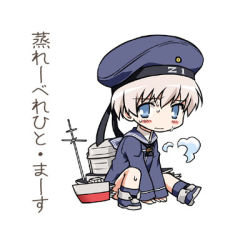 Rule 34 | 10s, 1girl, akou roushi, belt, blonde hair, blue eyes, chibi, clothes writing, kantai collection, looking at viewer, lowres, machinery, short hair, solo, sweat, translation request, z1 leberecht maass (kancolle)