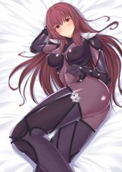 Rule 34 | 1girl, arm behind head, ass, bed sheet, blush, bodysuit, breasts, fate/grand order, fate (series), gloves, hair intakes, highres, large breasts, long hair, looking at viewer, lying, on bed, on side, purple gloves, purple hair, purple thighhighs, red eyes, scathach (fate), shukurimu, skin tight, solo, thighhighs, white background