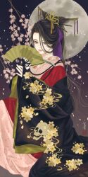 Rule 34 | 1girl, black kimono, branch, brown hair, cherry blossom print, cherry blossoms, closed mouth, falling petals, floral print, flower, folding fan, full moon, grey eyes, hair ornament, hair ribbon, hair stick, hand fan, highres, holding, holding fan, japanese clothes, kimono, layered clothes, layered kimono, long hair, long sleeves, looking at viewer, moon, original, petals, pink flower, pink kimono, print kimono, purple ribbon, red kimono, ribbon, seal impression, signature, skull print, solo, ushiyama ame, wide sleeves