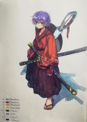 Rule 34 | 1girl, bandaged hand, clenched hand, color guide, commentary request, full body, hand wraps, japanese clothes, katana, kimono, long sleeves, looking at viewer, needle, orange kimono, purple hair, red eyes, sandals, scabbard, sewing needle, sheath, short hair, solo, sukuna shinmyoumaru, sword, touhou, traditional media, weapon, white background, wide sleeves, yudaoshan