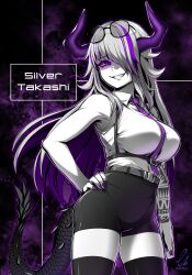 Rule 34 | 1girl, arm tattoo, armpits, asymmetrical bangs, belt, black shorts, black thighhighs, breasts, collared shirt, commission, dragon tail, ebiblue, eyewear on head, gesugao, glasses, greyscale, highres, horns, large breasts, long hair, monochrome, multicolored hair, necktie, one eye covered, original, purple hair, purple nails, purple necktie, sharp teeth, shirt, shorts, skeb commission, sleeveless, sleeveless shirt, slit pupils, smile, solo, spot color, streaked hair, tail, tattoo, teeth, thick thighs, thighhighs, thighs, white hair, white shirt