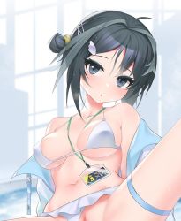 Rule 34 | 1girl, ahoge, arknights, arm support, bare shoulders, between breasts, bikini, bikini bottom aside, black eyes, black hair, blush, breasts, cleavage, clothing aside, feather hair, frilled bikini, frills, grey hair, h.carrrrrrot, hair bun, head tilt, id card, indoors, jacket, la pluma (arknights), la pluma (summer flowers) (arknights), leaning back, looking at viewer, medium breasts, multicolored hair, navel, off shoulder, official alternate costume, open clothes, open jacket, out-of-frame censoring, parted lips, pussy, pussy peek, short hair, single hair bun, single side bun, sitting, solo, spread legs, stomach, streaked hair, swimsuit, thigh strap, two-tone hair, underboob, white bikini, white jacket