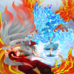 Rule 34 | 2girls, battle, blue hair, cirno, dress, fighting stance, fire, foreshortening, fujiwara no mokou, grey hair, ice, long hair, multiple girls, outstretched arm, outstretched hand, pants, ribbon, shoes, short hair, short sleeves, standing, standing on one leg, suspenders, takon34, touhou
